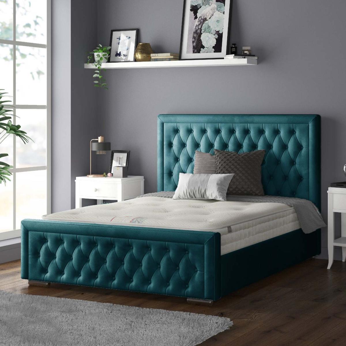 Sandringham Bordered Chesterfield Plush Velvet Bed Frame with Diamonds - Mallard / Single