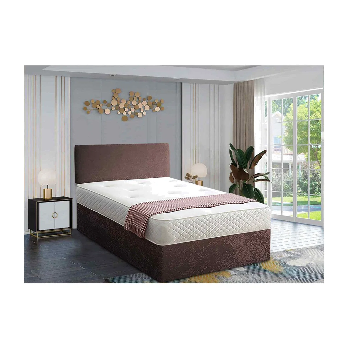 Loria Divan Bed Set with Headboard and Mattress - Chenille Fabric, Non Storage - Brown / Small Single – image 1