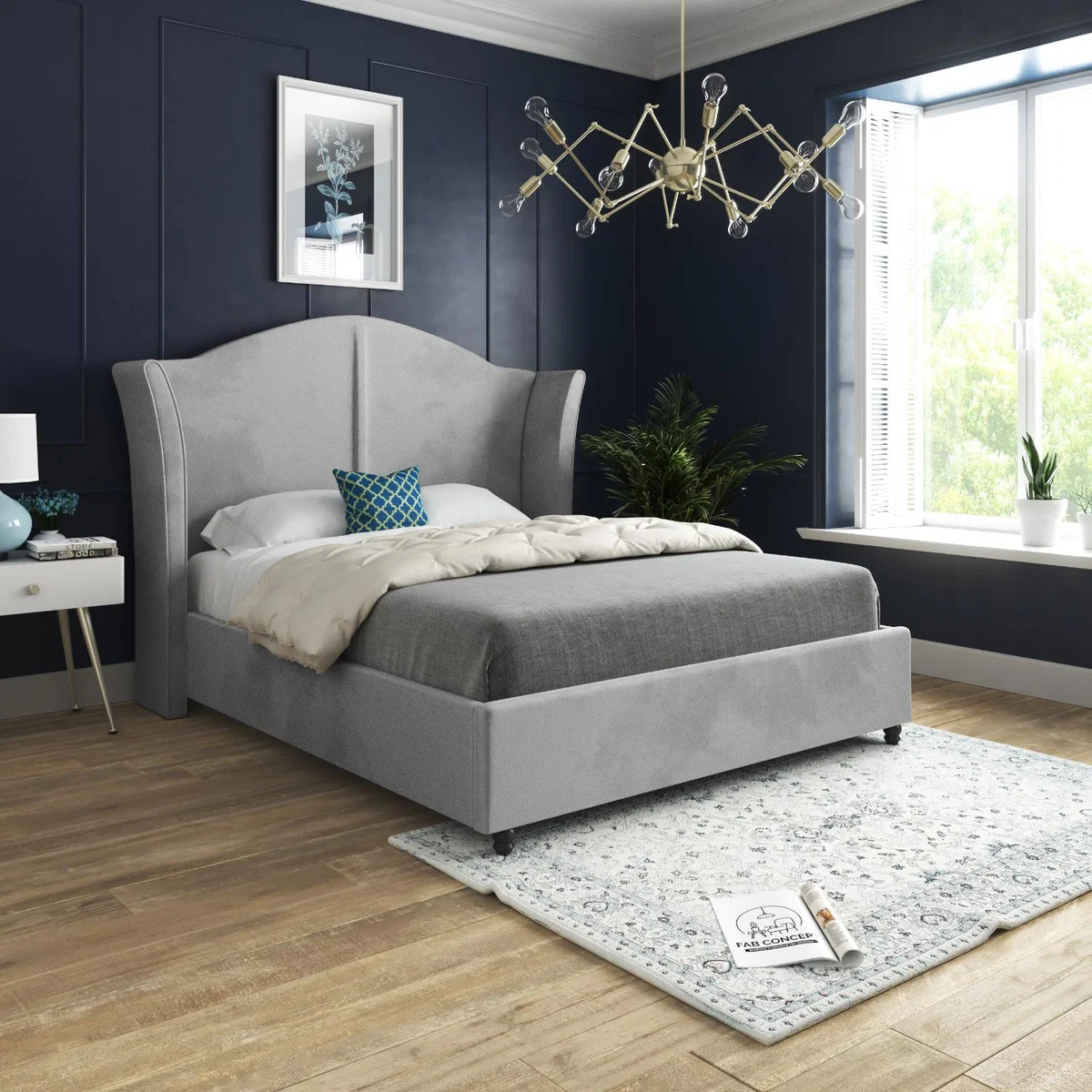 Zampa Curved Top Curved Winged Upholstered Soft Velvet Bed Frame - Grey / Single – image 1