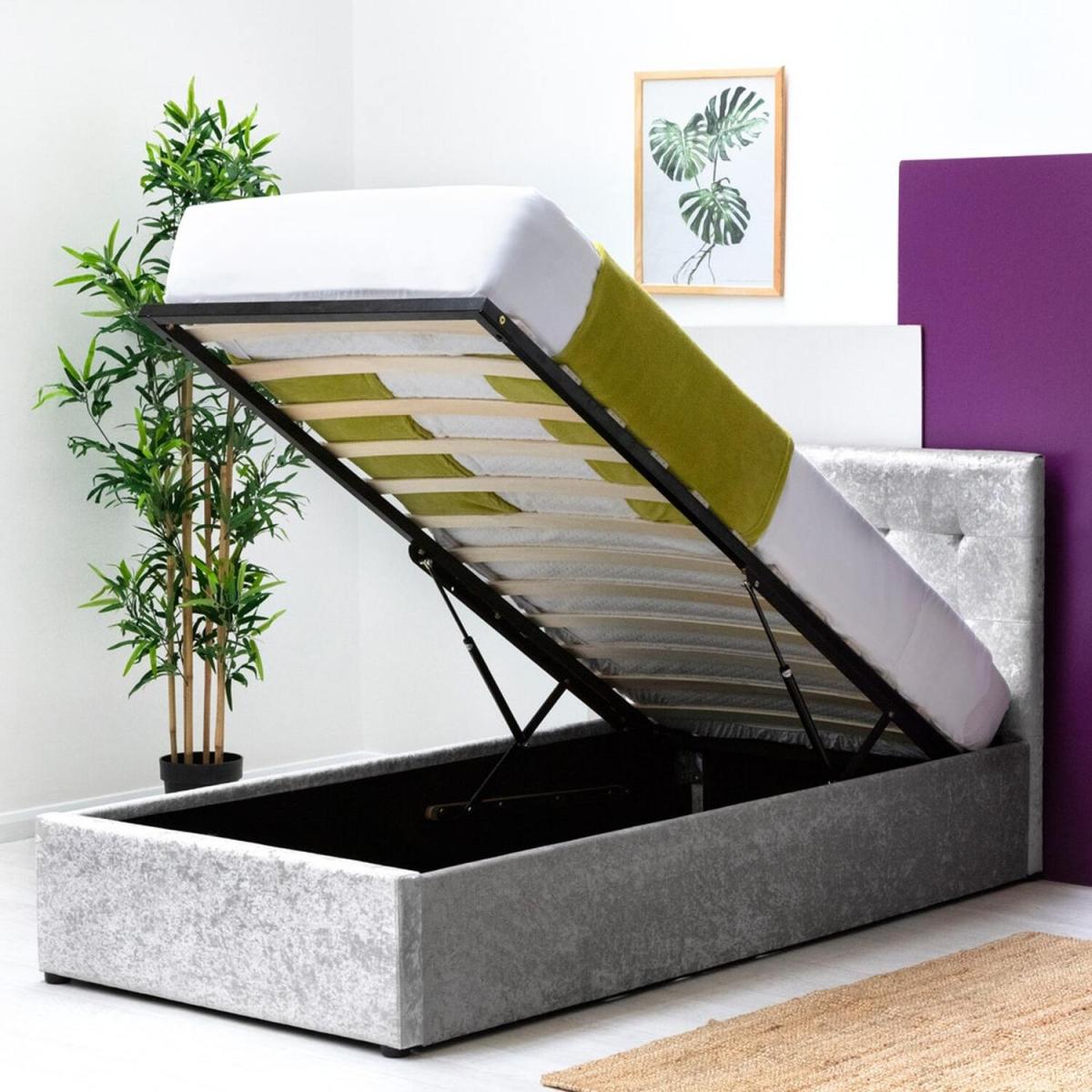 Lowther Silver Crushed Velvet Ottoman Storage Bed - Silver / Single