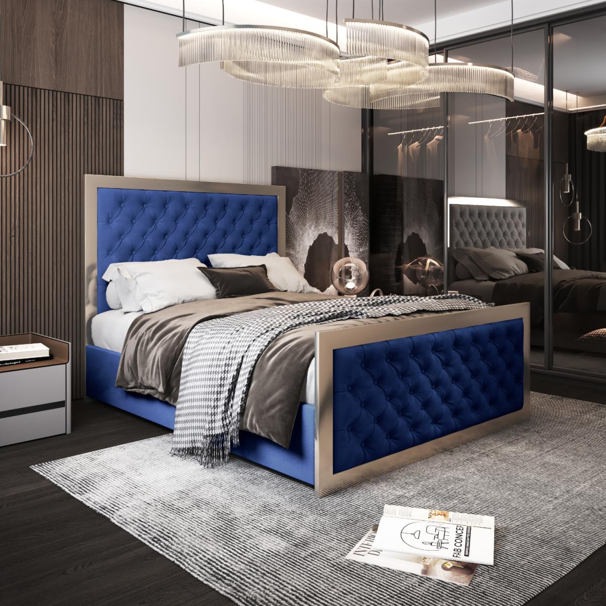 Maddison Upholstered Soft Velvet Metal Bed Frame - Blue / Single – image 1