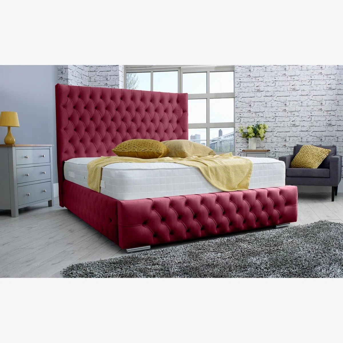 Dino Plush 4 Inch Solid Thick Bed Frame With Curved Headboard - Maroon / Single