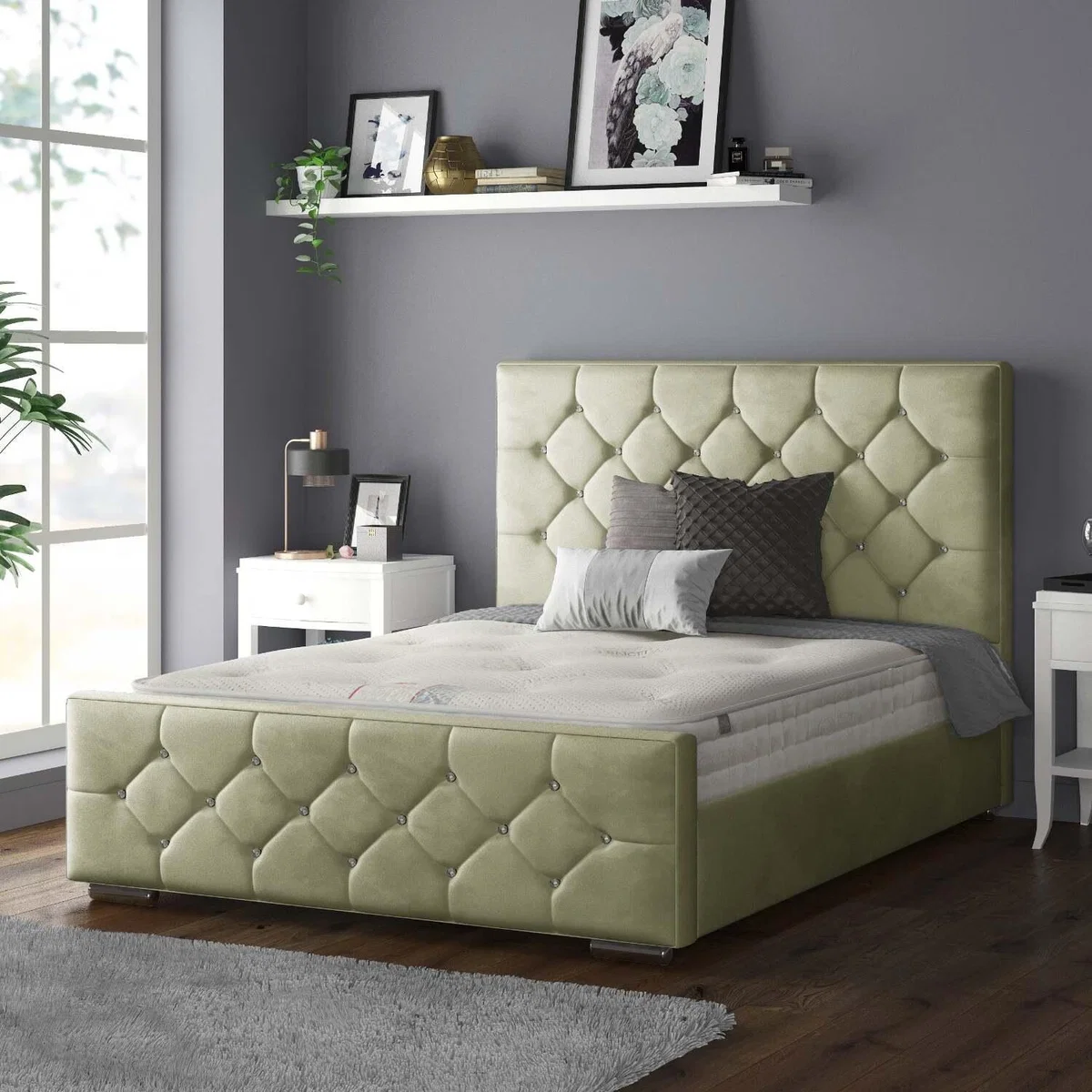 Belle Chesterfield Plush Velvet Bed Frame with Diamonds - Light Green / Single