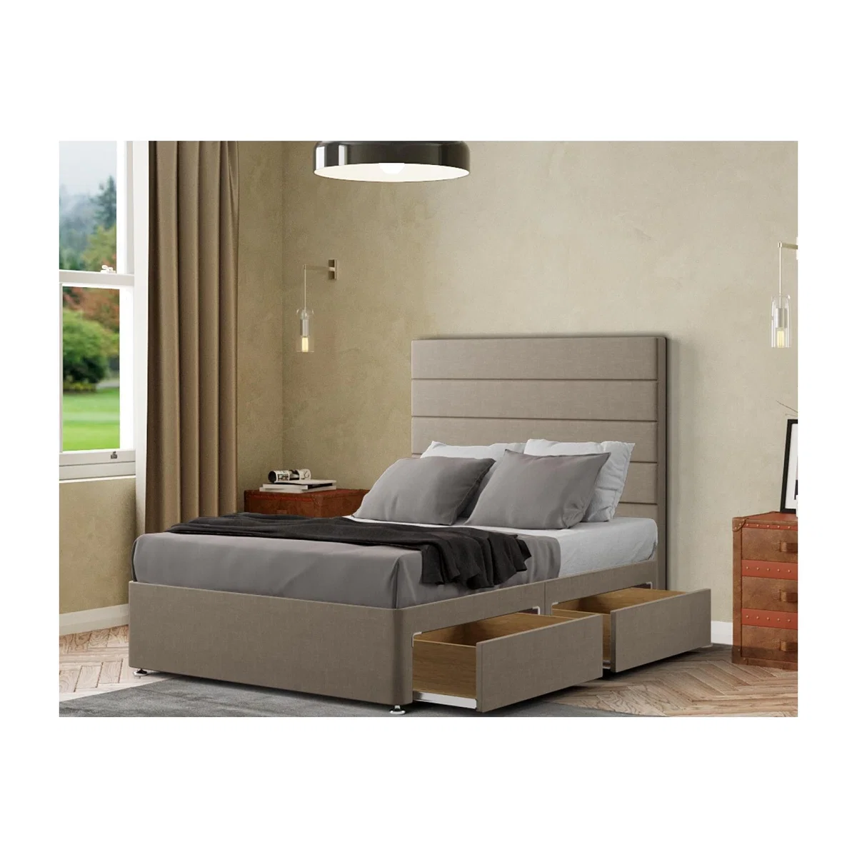 George Divan Bed 2 Drawers Floor Standing Headboard Malham Weave - Mink / Single – image 1