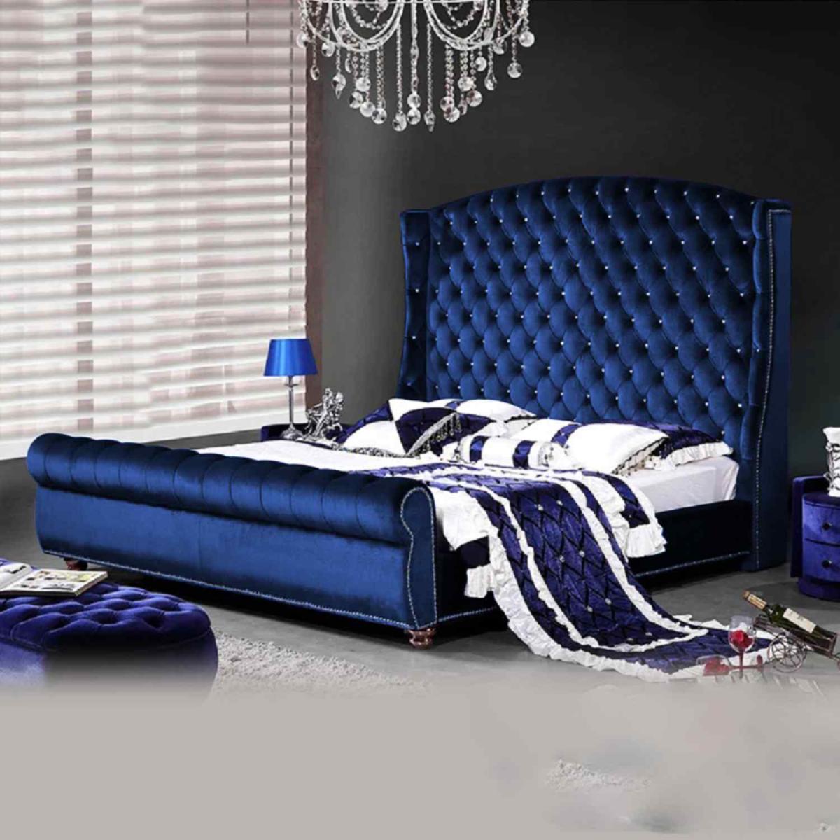 Ragnild Upholstered Plush Velvet Bed Frame - Blue / Single – image 2