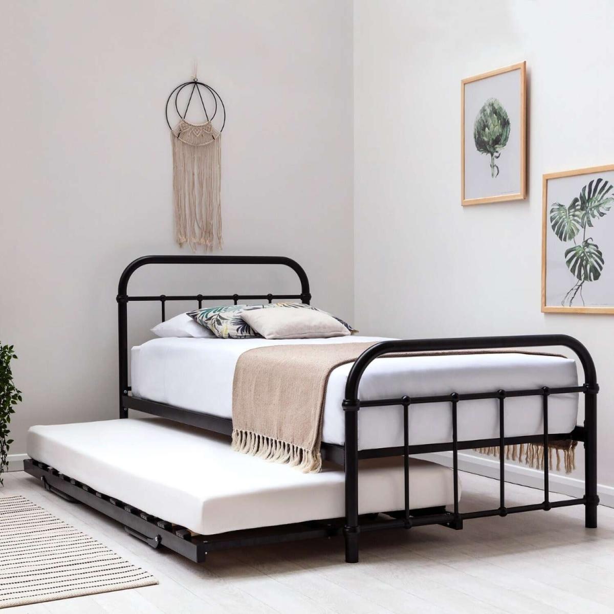 Henley Black Single Metal Bed Frame With Folding Guest Bed Trundle - Black