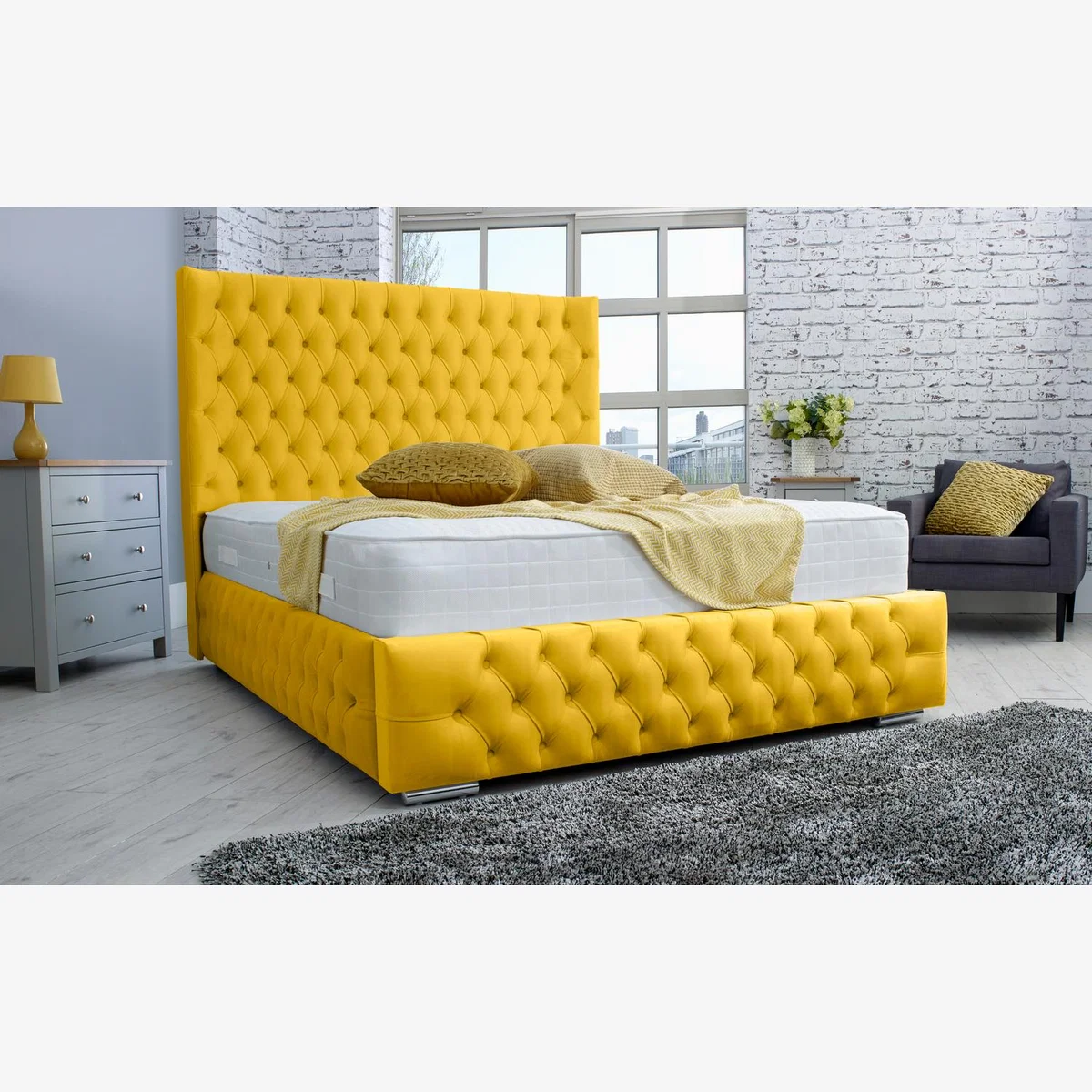 Dino Plush 4 Inch Solid Thick Bed Frame With Curved Headboard - Mustard Gold / Single