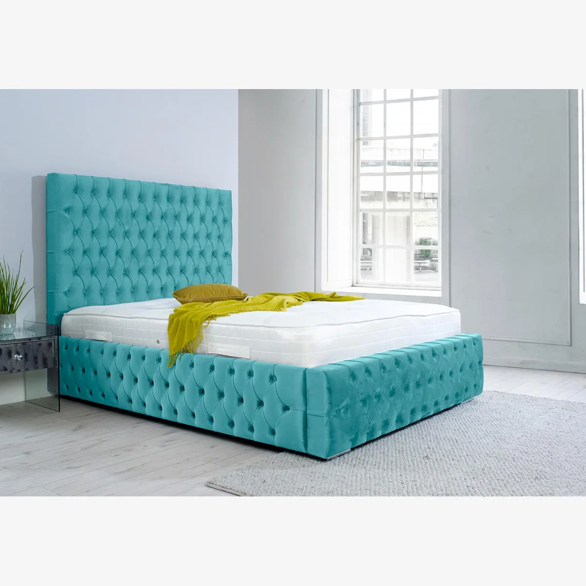 Orella Plush 4 Inch Solid Thick Bed Frame With Chesterfield Headboard - Teal / Single