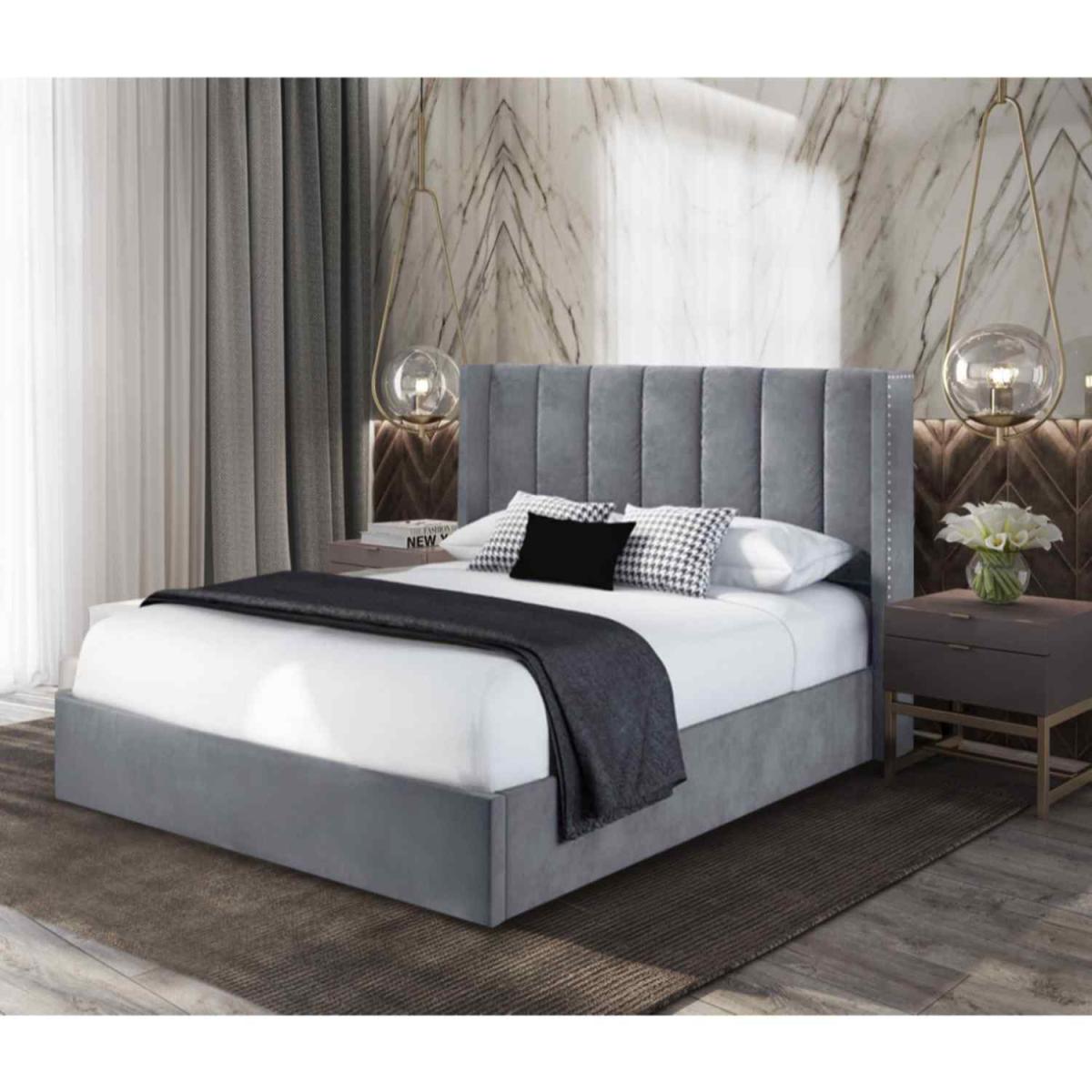 Markeeta Upholstered Plush Velvet Bed Frame - Grey / Single – image 2