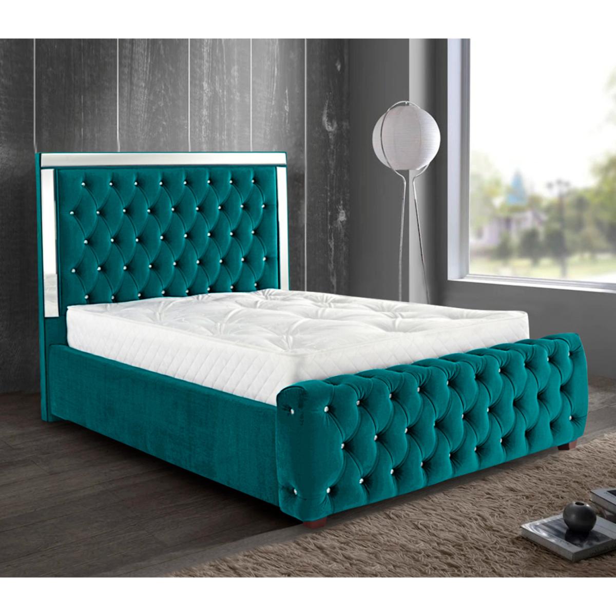 Eberta Mirrored Upholstered Plush Velvet Bed Frame - Green / Single – image 2