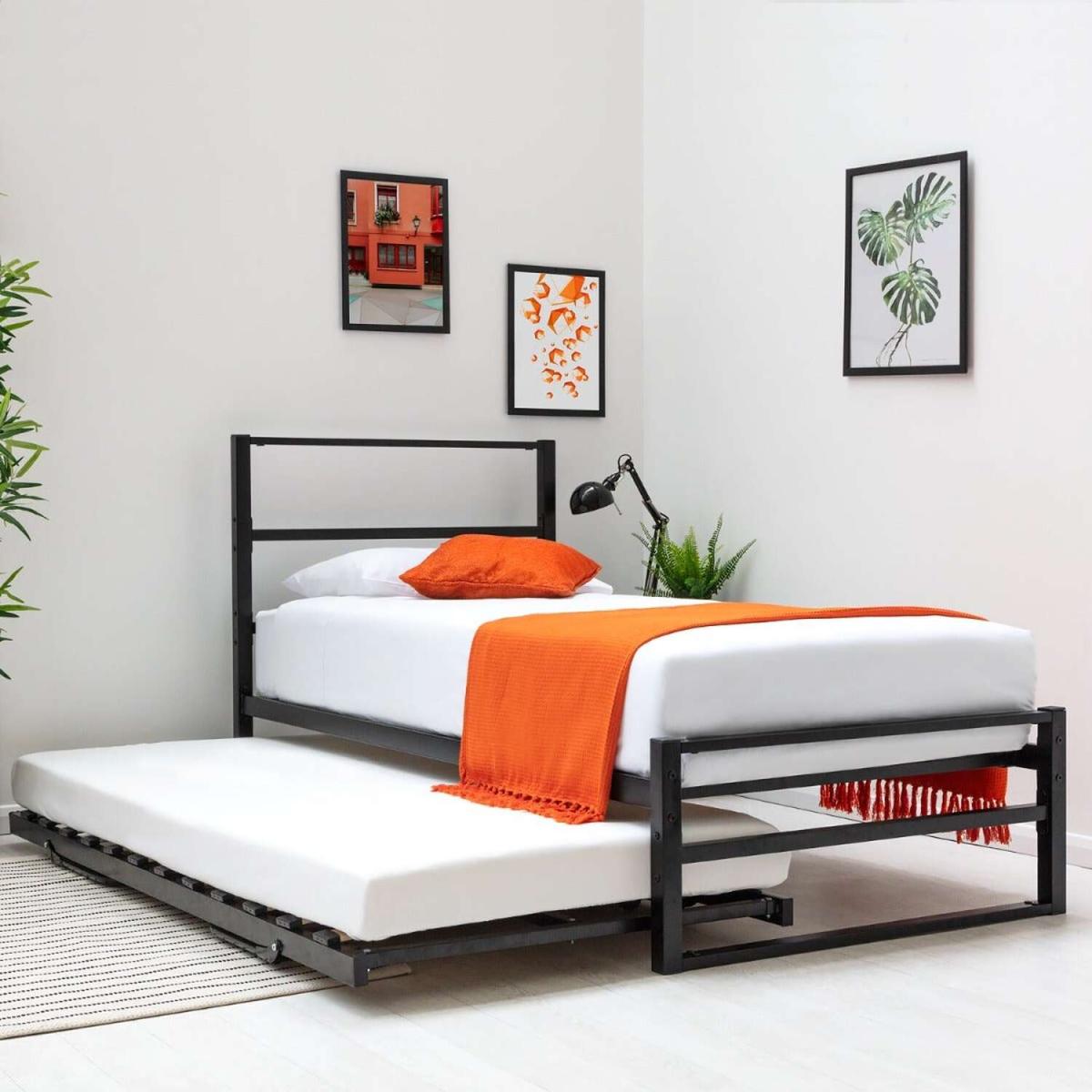 Hartfield Black Single Metal Bed Frame With Folding Guest Bed Trundle - Black
