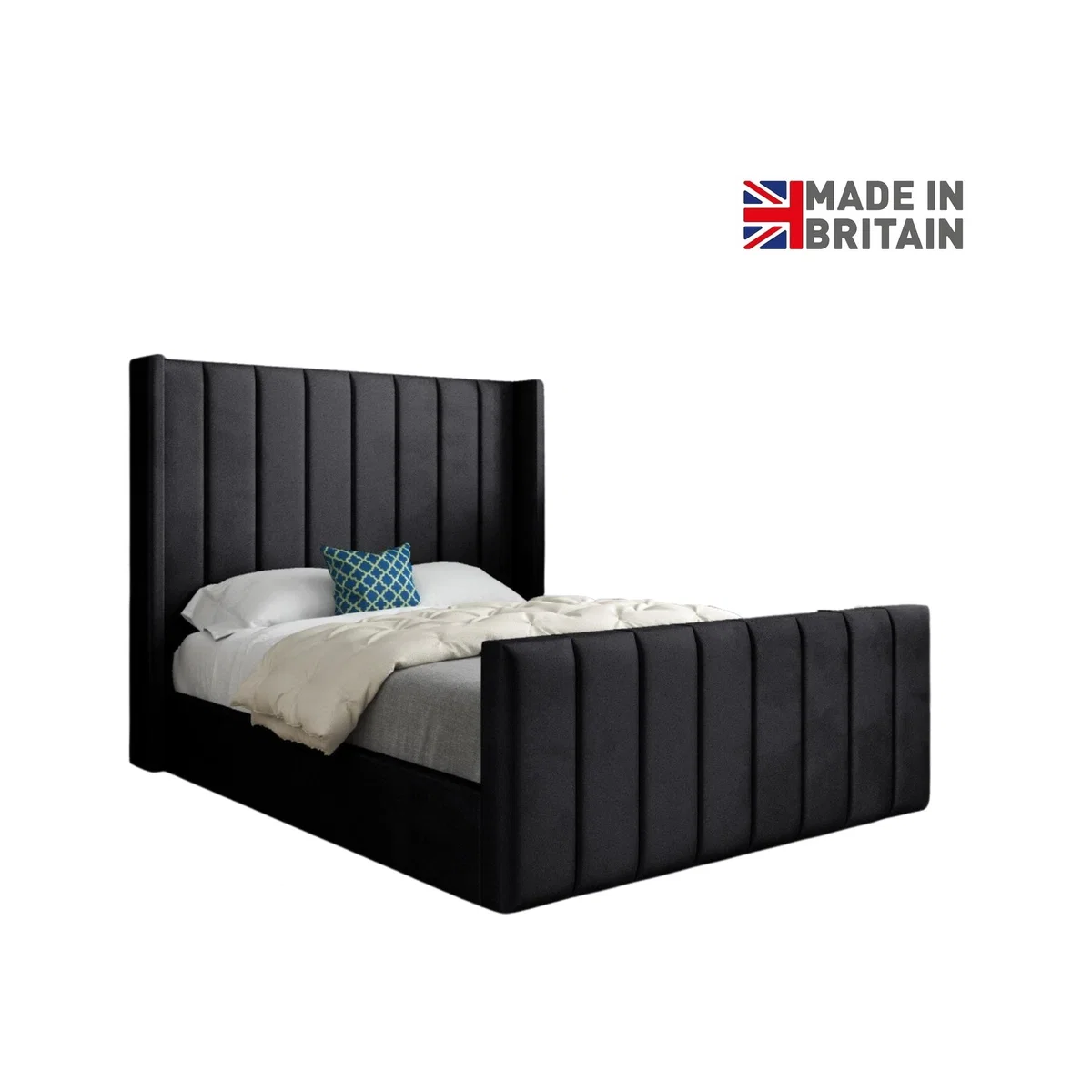 Romano Straight Winged Upholstered Soft Velvet Bed Frame - Black / Single – image 1