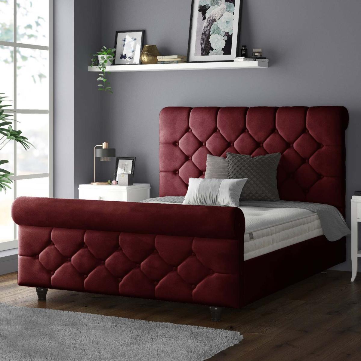 Jasmine Velvet Chesterfield Sleigh Plush Velvet Bed Frame - Burgundy / Single