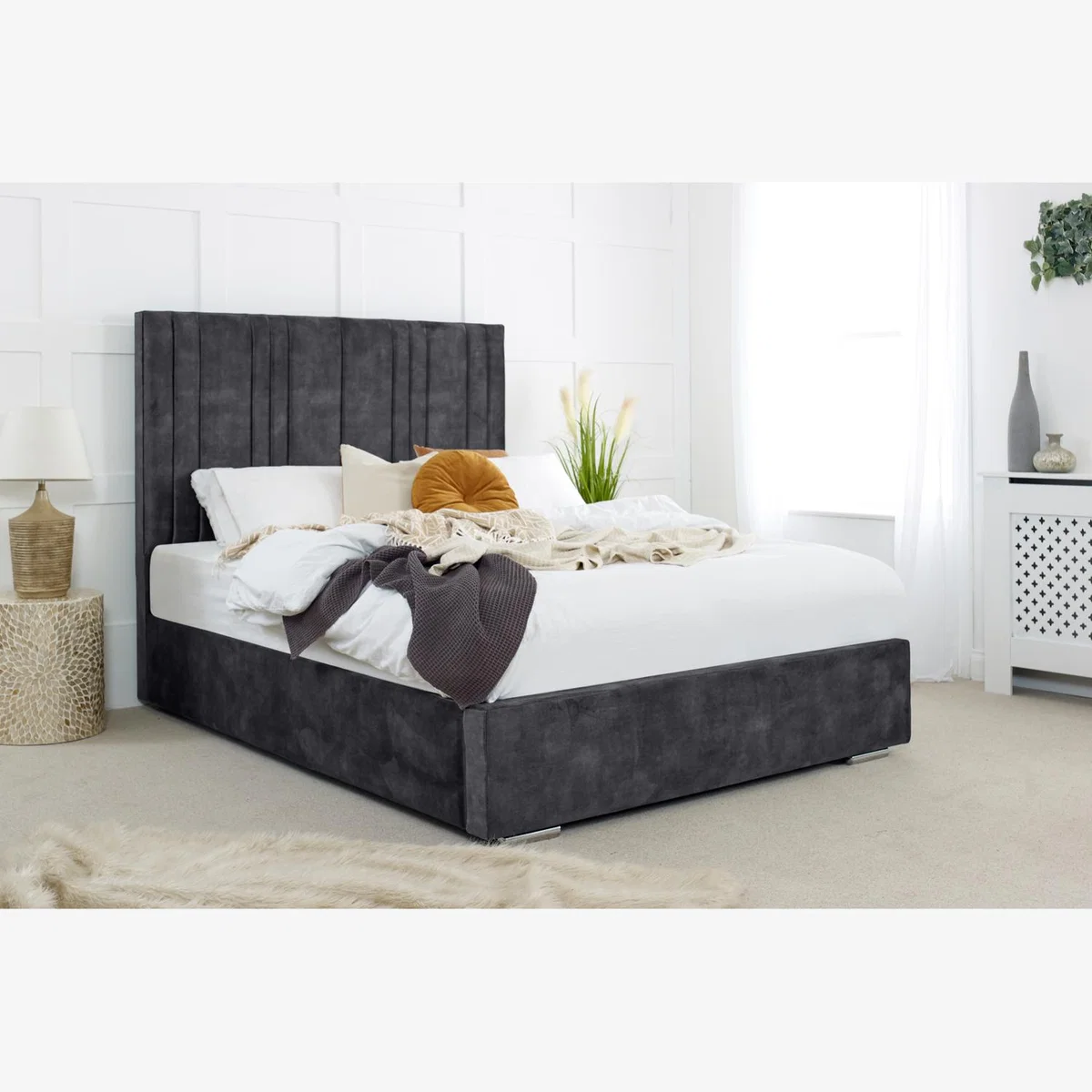 Fabio Plush 4 Inch Solid Thick Bed Frame With Lined Headboard - Steel / Single