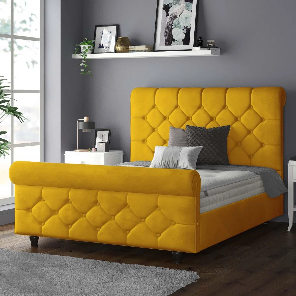 Jasmine Velvet Chesterfield Sleigh Plush Velvet Bed Frame - Turmeric / Single
