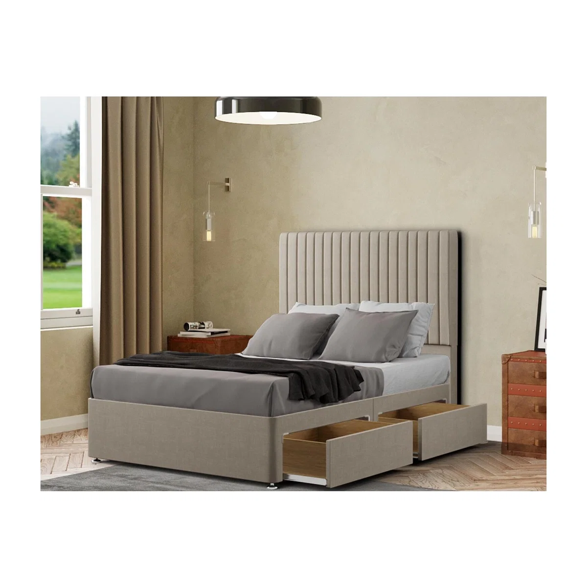 Maryland Divan Bed 2 Drawers Floor Standing Headboard Malham Weave - Cream / Single