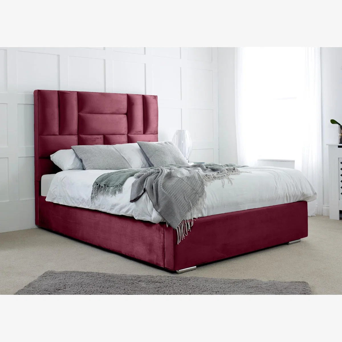 Ofsted Plush 4 Inch Solid Thick Bed Frame With Lined Headboard - Maroon / Single