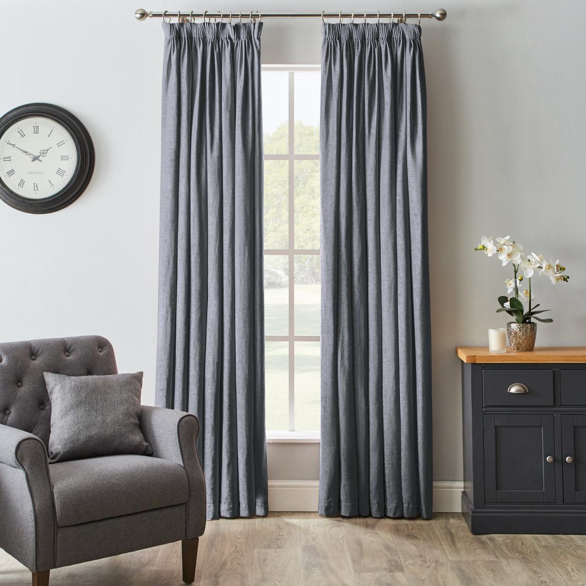 Chenille Pewter Blackout Pencil Pleat Curtains Grey – image 2