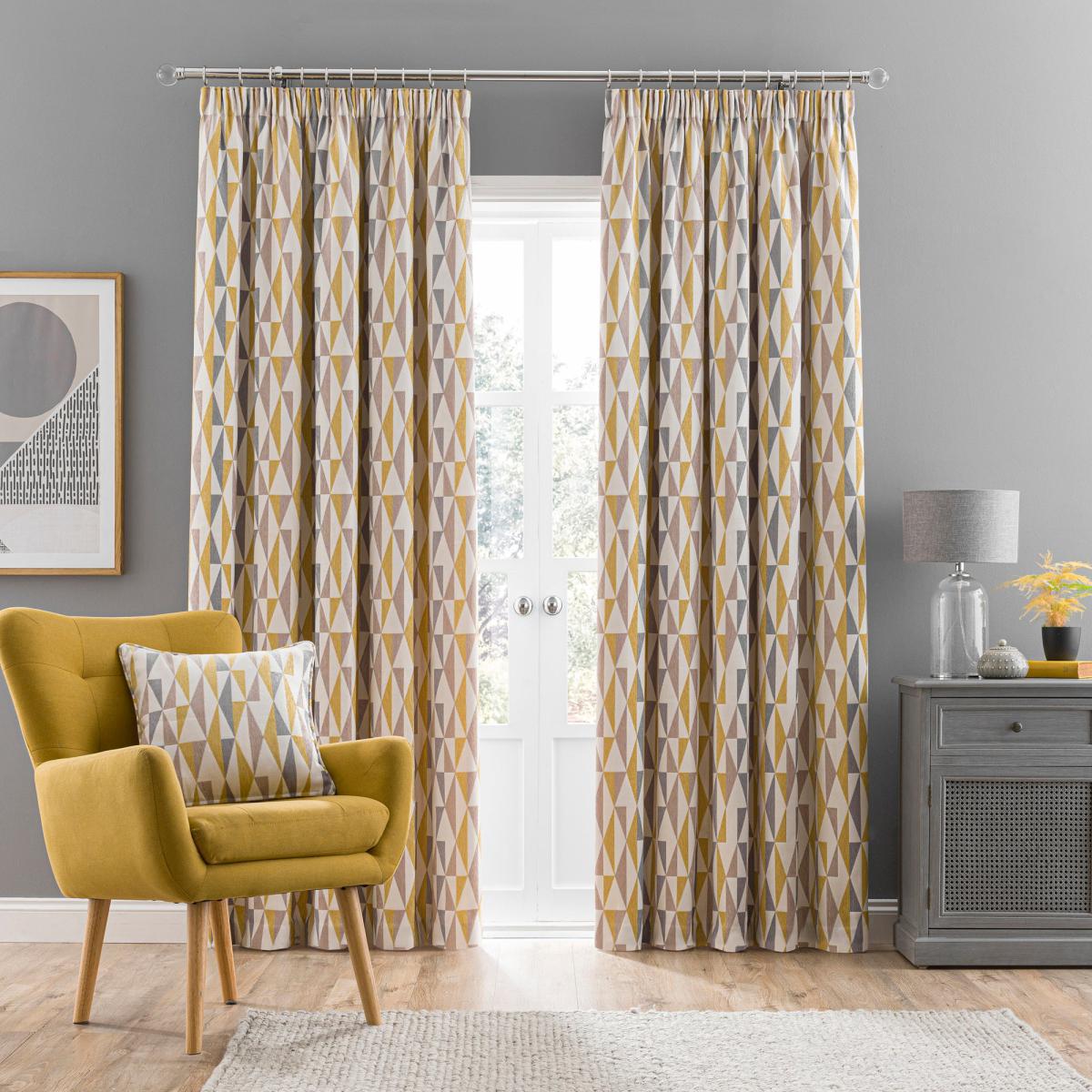 Elements Triangles Ochre Chenille Pencil Pleat Curtains Yellow, Grey and White – image 2