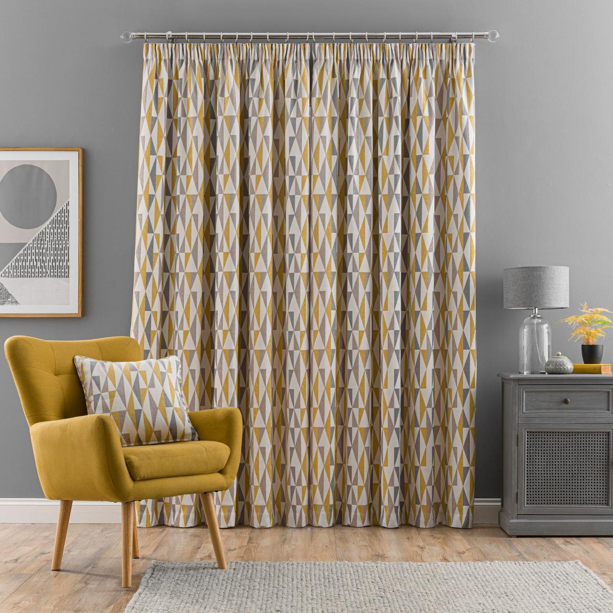 Elements Triangles Ochre Chenille Pencil Pleat Curtains Yellow, Grey and White – image 3