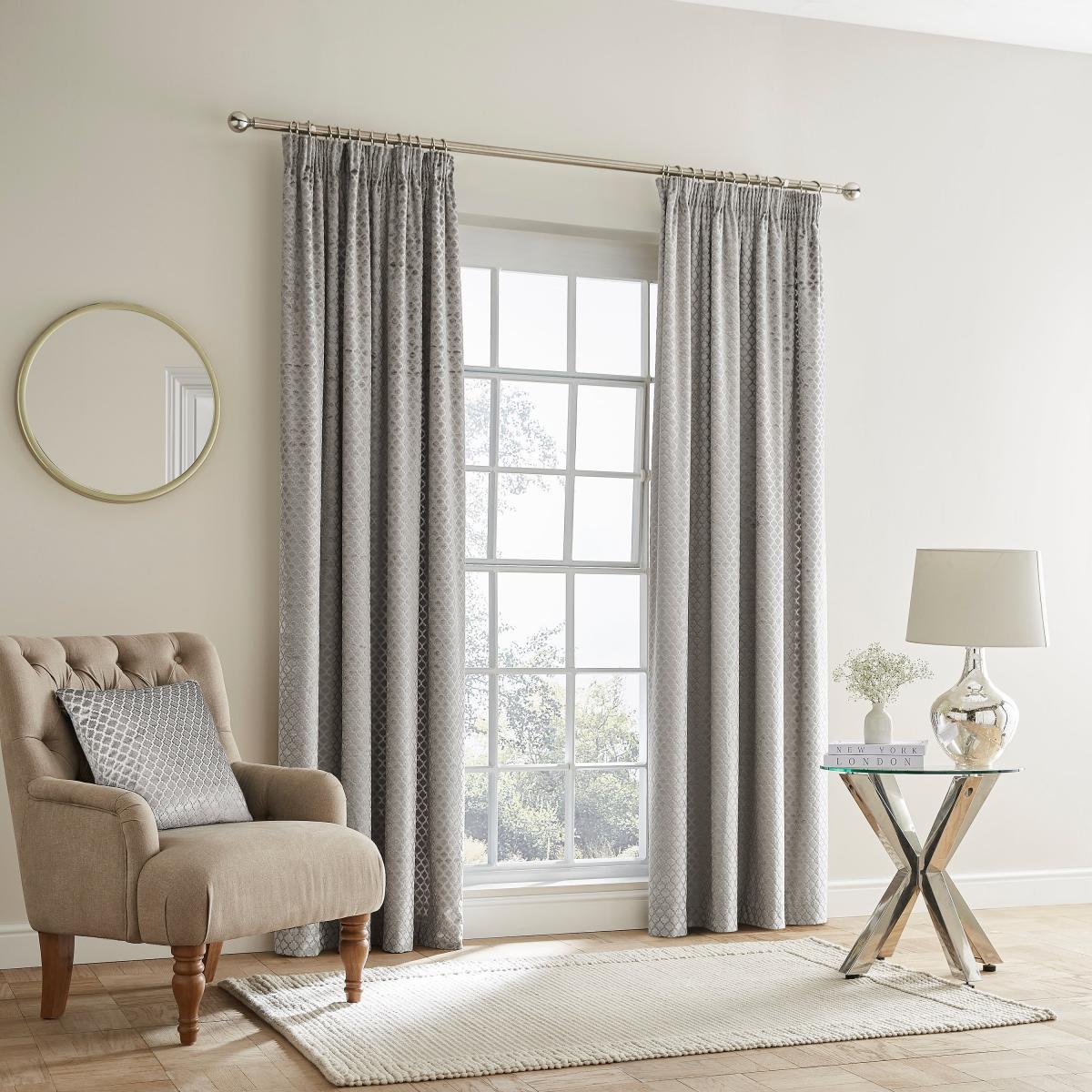 Cut Velvet Silver Thermal Pencil Pleat Curtains Silver – image 2