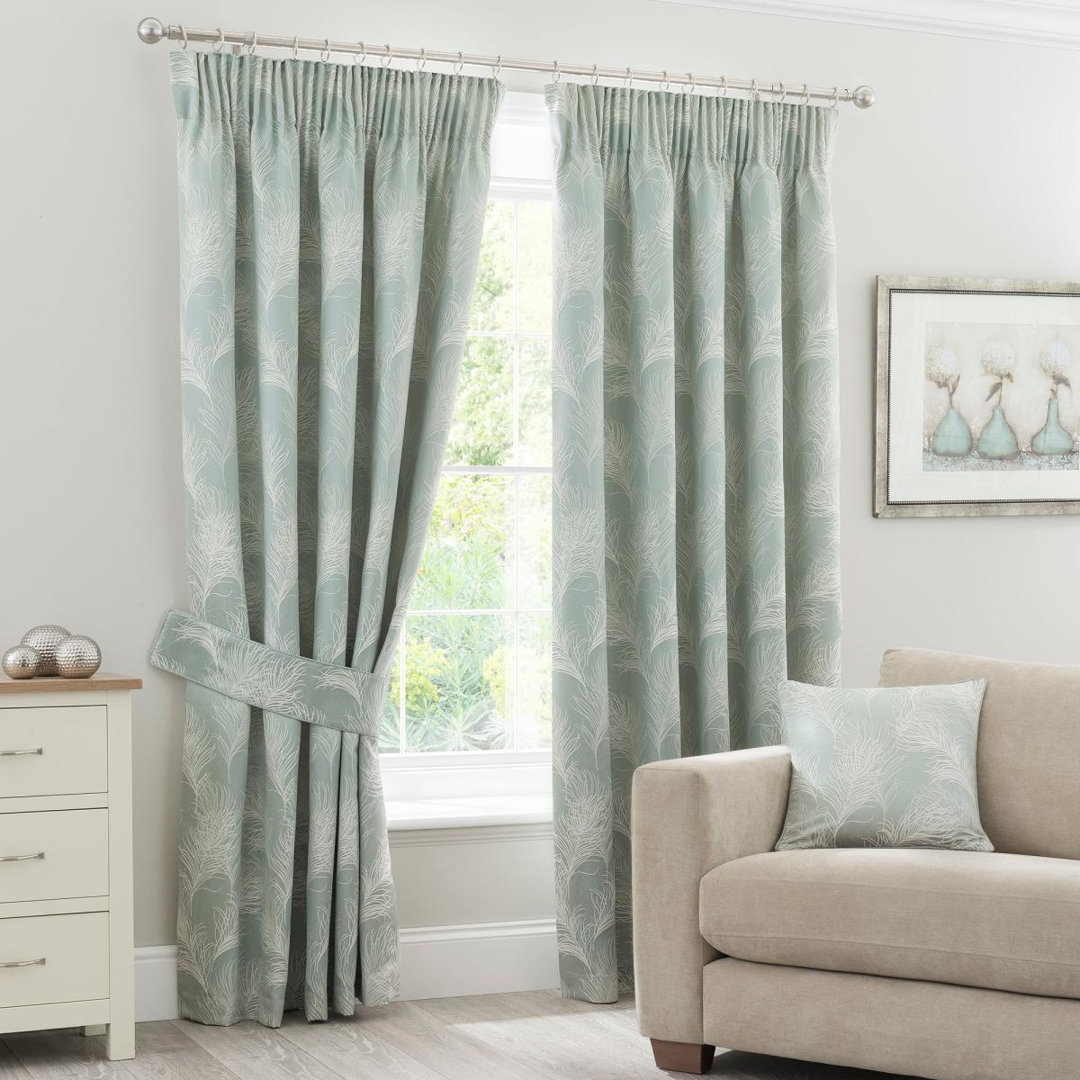 Feathers Duck Egg Pencil Pleat Curtains Blue and White – image 2