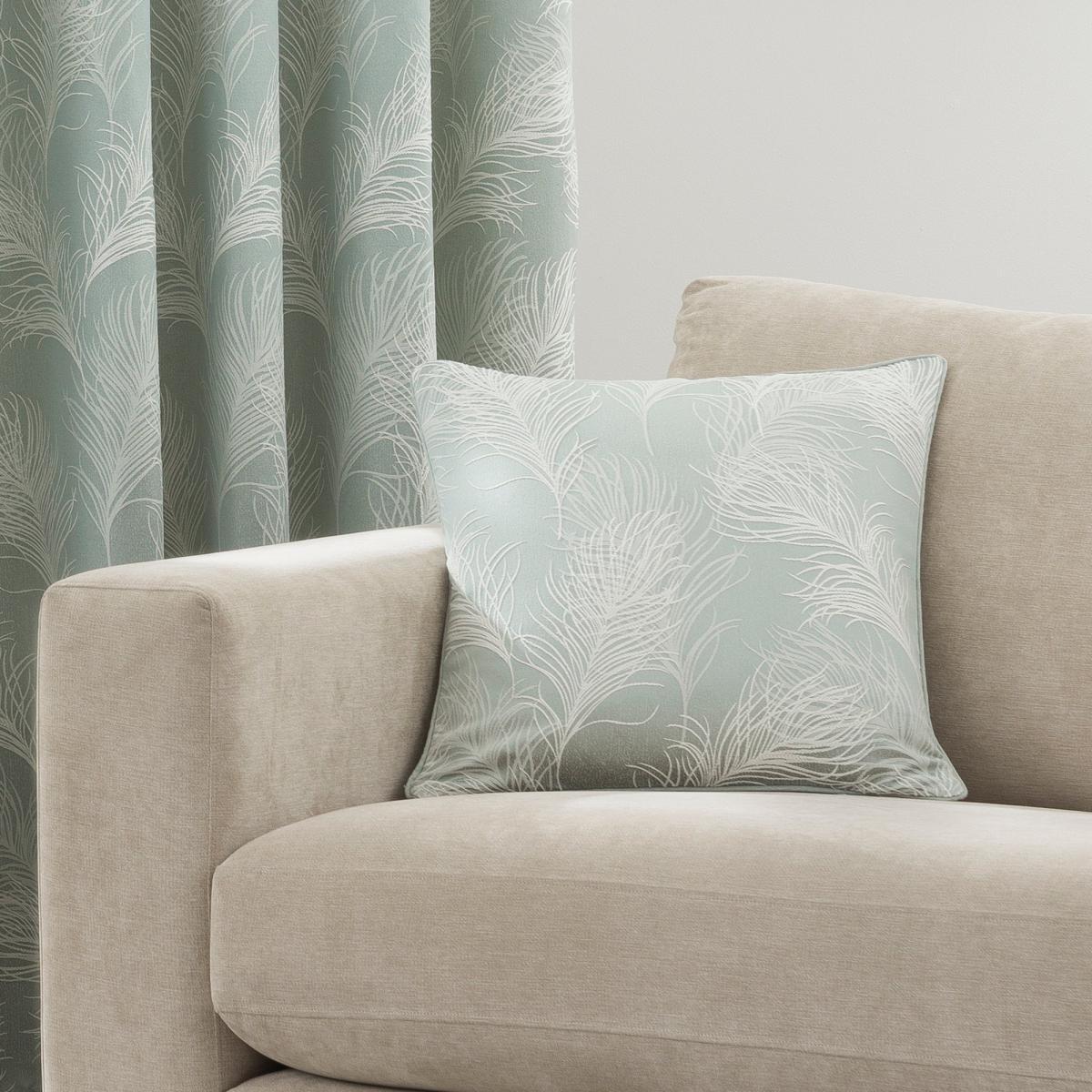 Feathers Duck Egg Pencil Pleat Curtains Blue and White – image 5