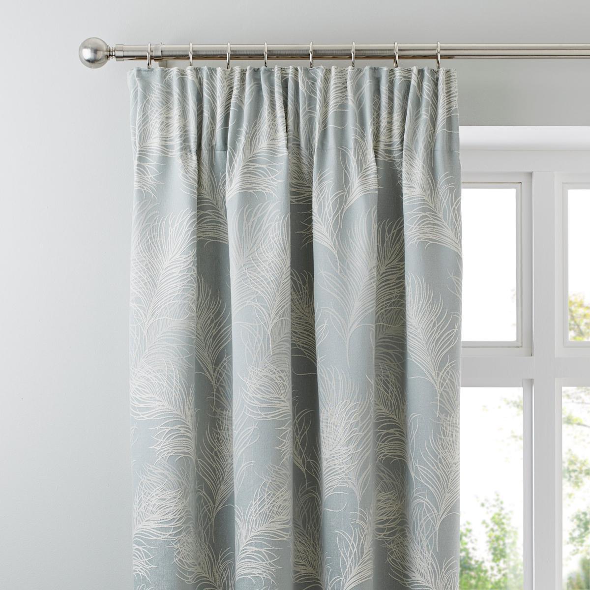 Feathers Duck Egg Pencil Pleat Curtains Blue and White – image 1