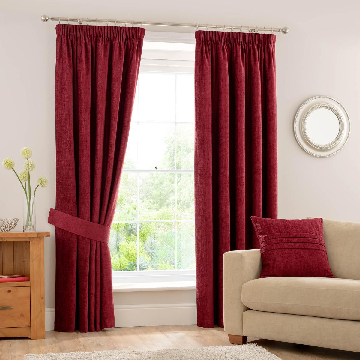 Chenille Wine Pencil Pleat Curtains Red – image 2