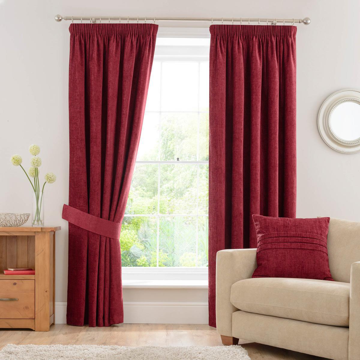 Chenille Wine Pencil Pleat Curtains Red – image 4