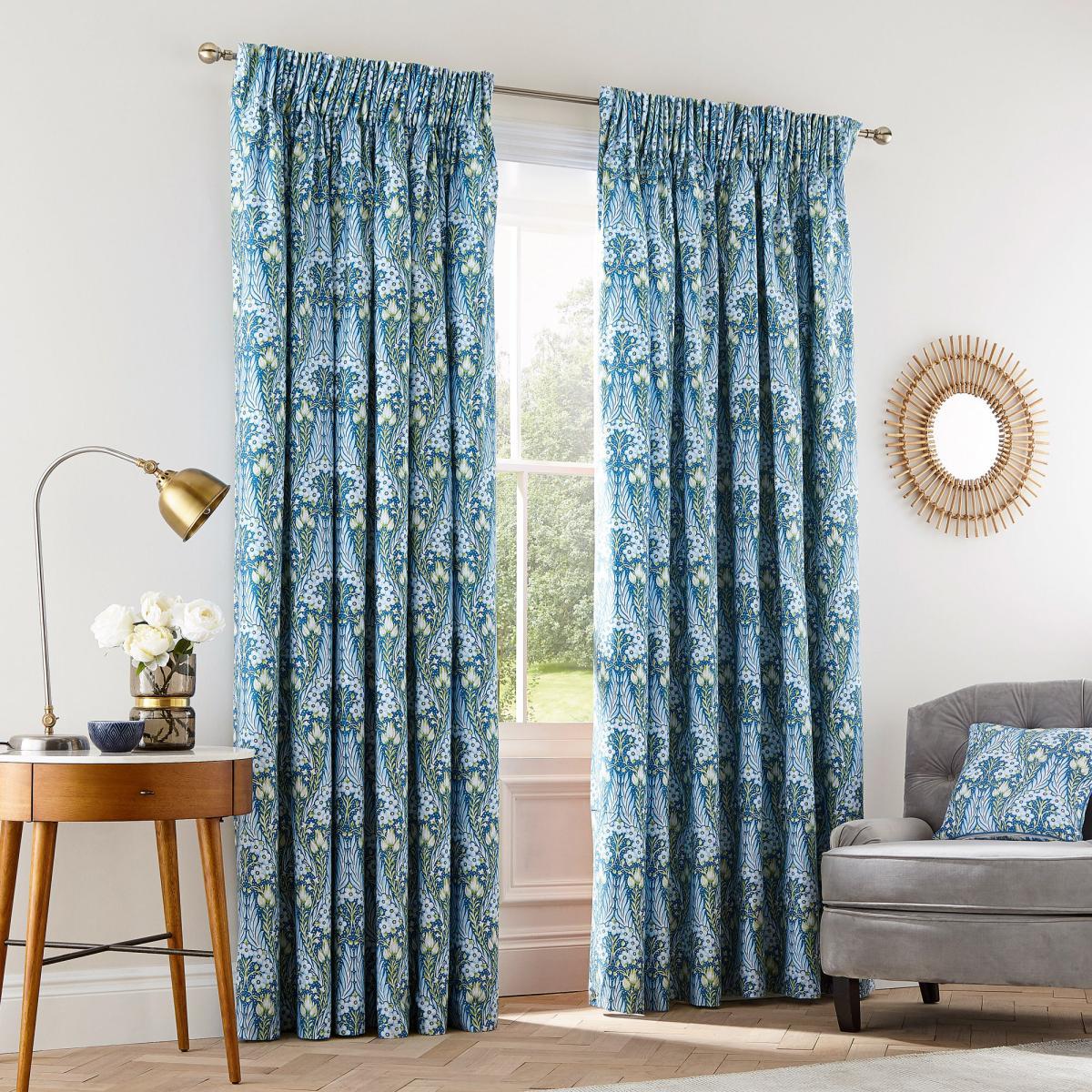 V&A Alyssum Blue Floral Pencil Pleat Curtains Blue, Green and White – image 1