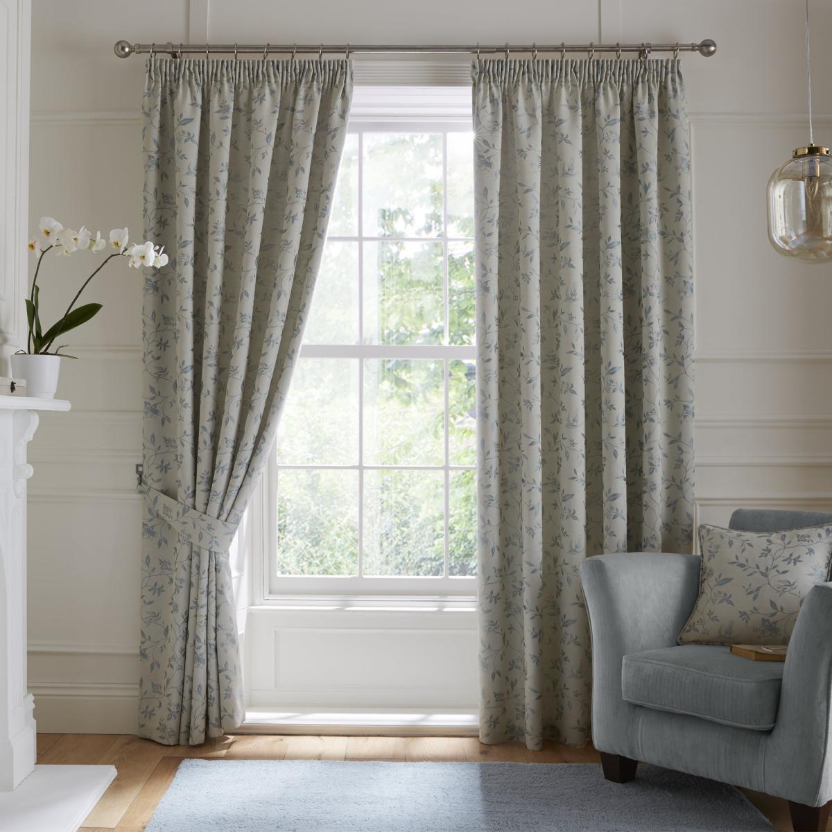 Trailing Bird Jacquard Duck Egg Pencil Pleat Curtains Blue and Grey – image 2