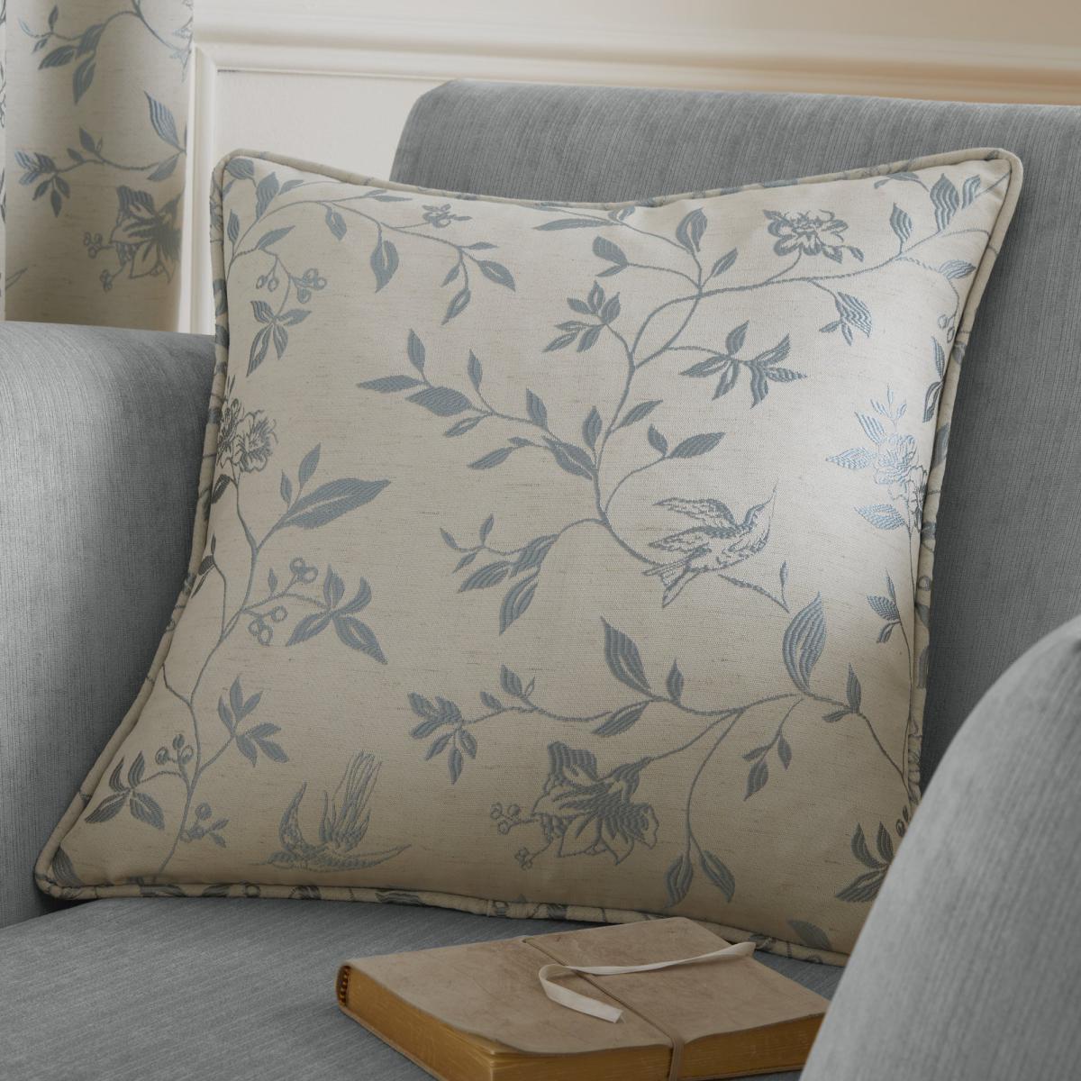 Trailing Bird Jacquard Duck Egg Pencil Pleat Curtains Blue and Grey – image 4
