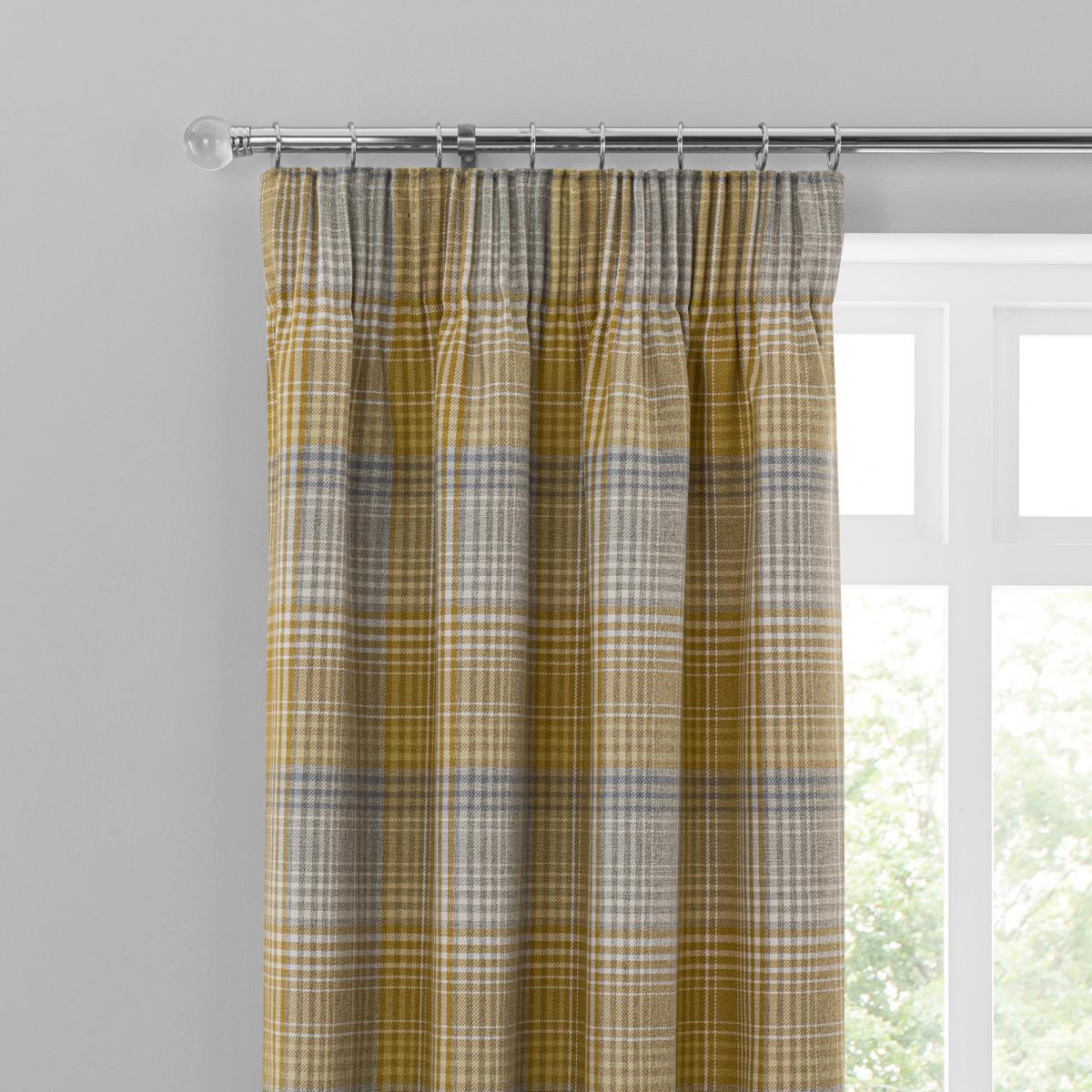 Logan Ochre Check Pencil Pleat Curtains Yellow, Grey and White