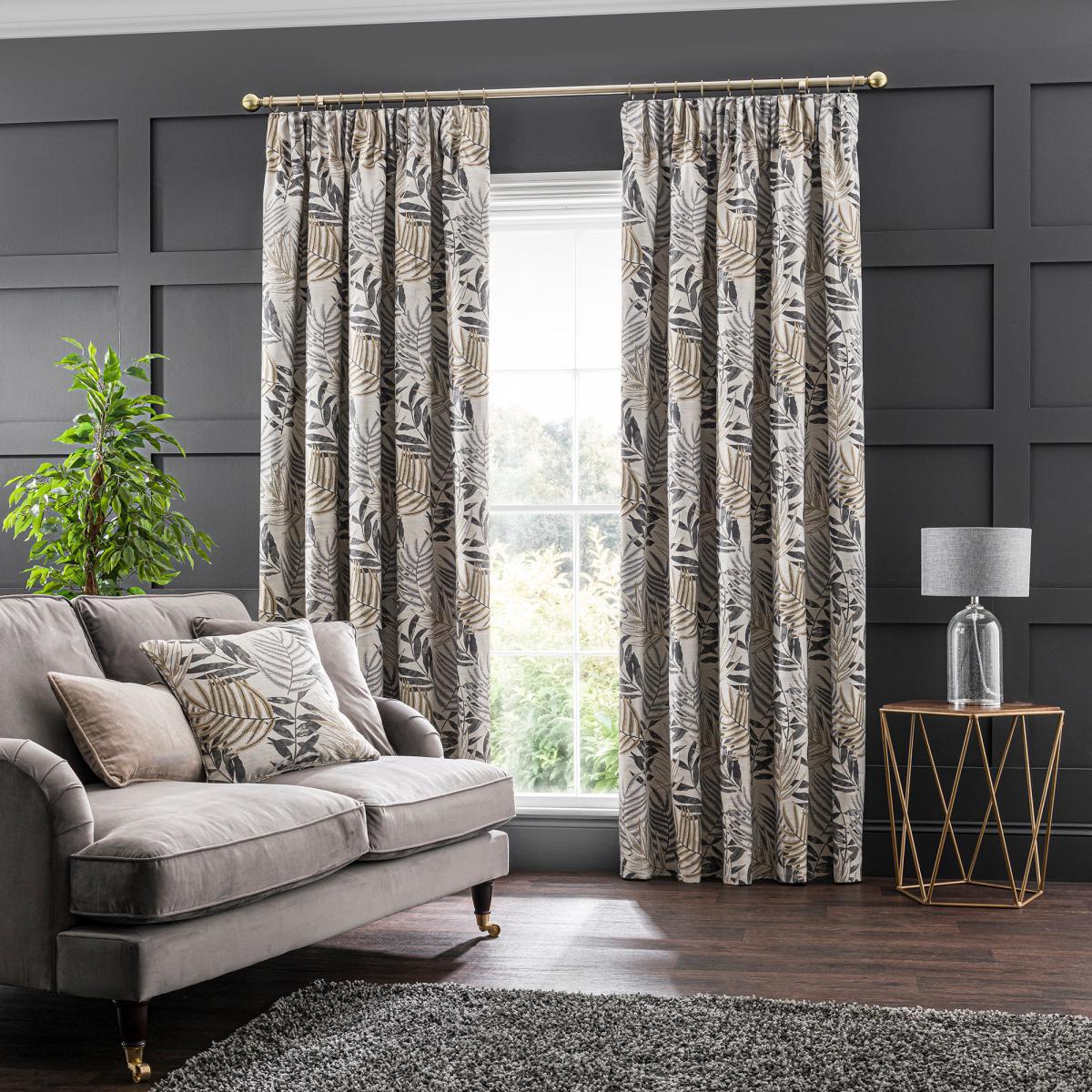 Leaf Jacquard Grey Pencil Pleat Curtains Grey/Yellow – image 2