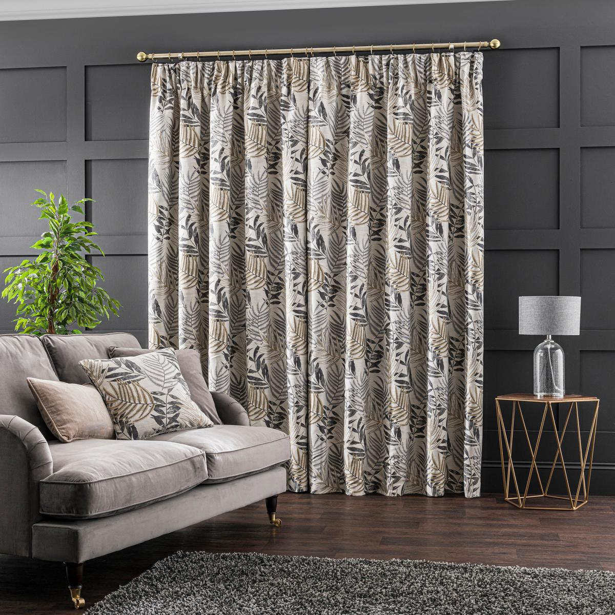 Leaf Jacquard Grey Pencil Pleat Curtains Grey/Yellow – image 3