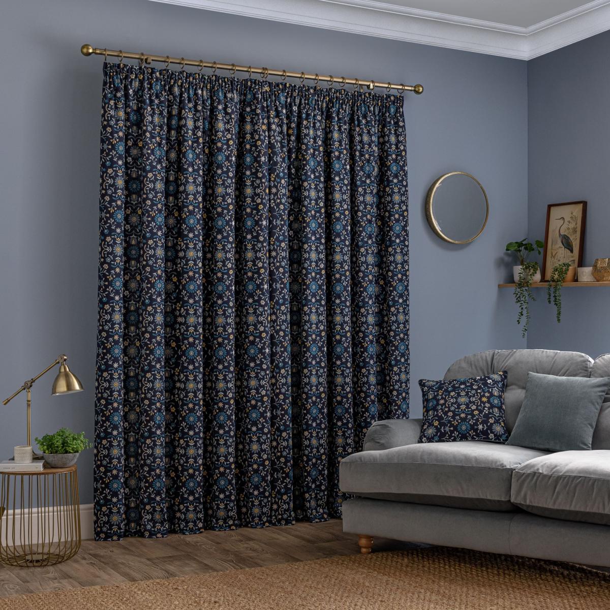 Folk Floral Navy Pencil Pleat Curtains Navy – image 3