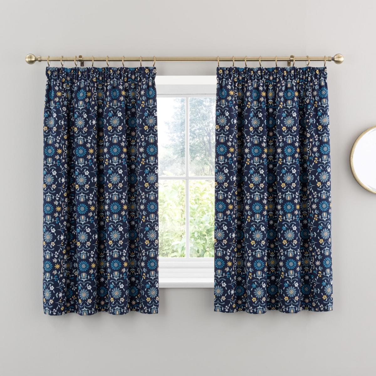 Folk Floral Navy Pencil Pleat Curtains Navy – image 4