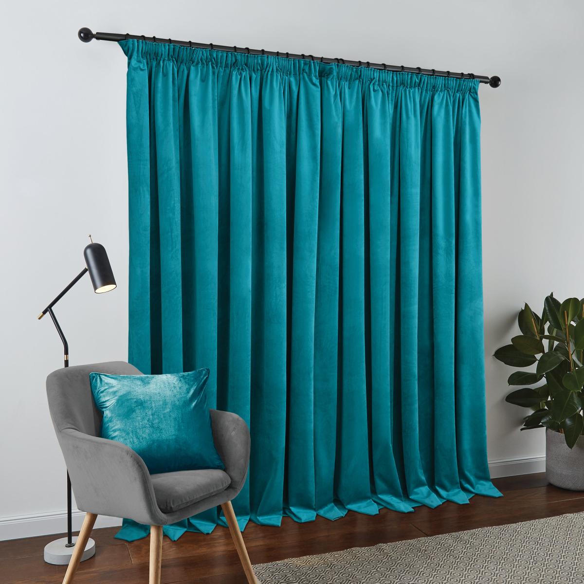 Recycled Velour Teal Pencil Pleat Curtains Teal (Blue) – image 2