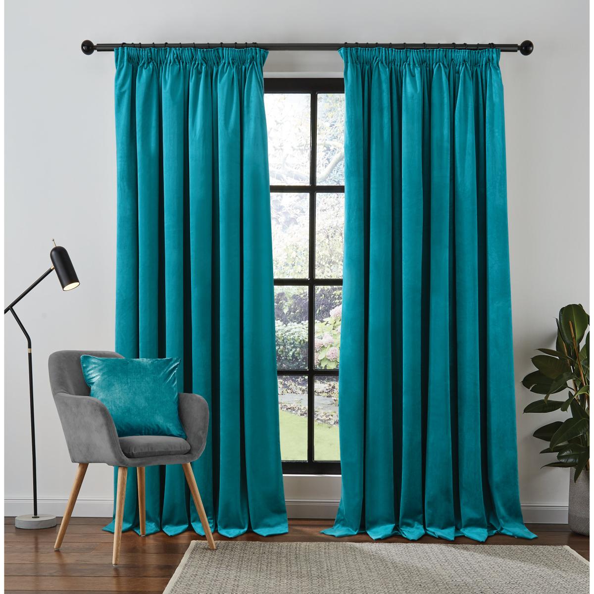 Recycled Velour Teal Pencil Pleat Curtains Teal (Blue) – image 3