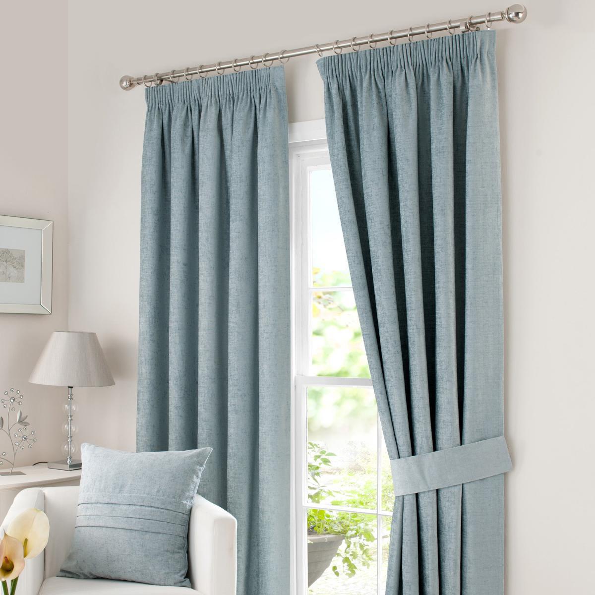 Chenille Duck-Egg Pencil Pleat Curtains Blue – image 2