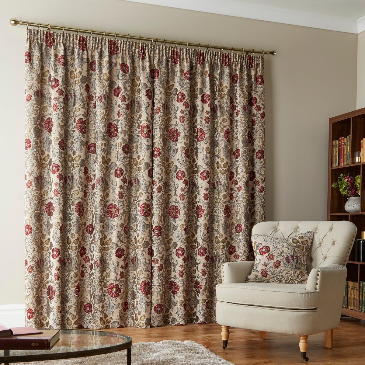 Betsy Natural Chenille Jacquard Pencil Pleat Curtains Brown and Red – image 3
