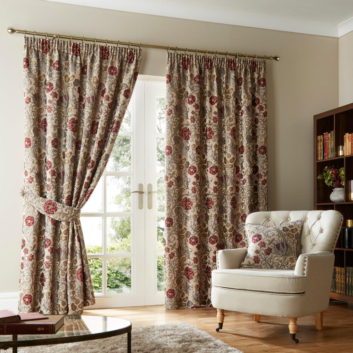 Betsy Natural Chenille Jacquard Pencil Pleat Curtains Brown and Red – image 5