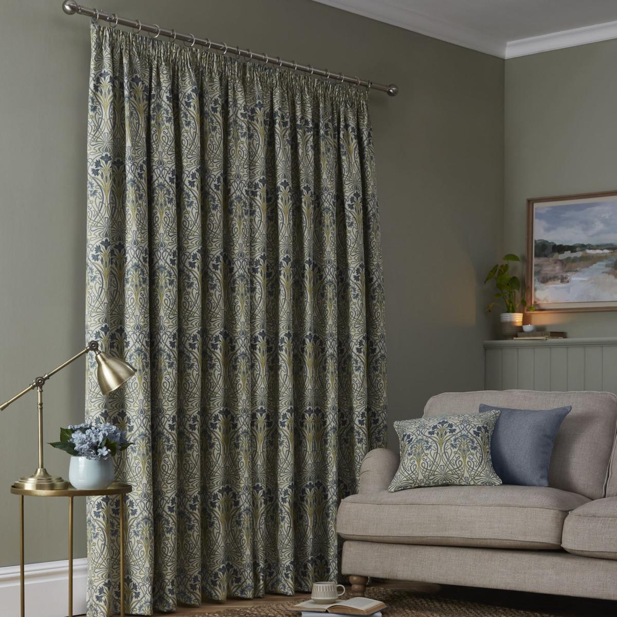 Lucetta Prussian Blue Pencil Pleat Curtains Blue/White/Green – image 2