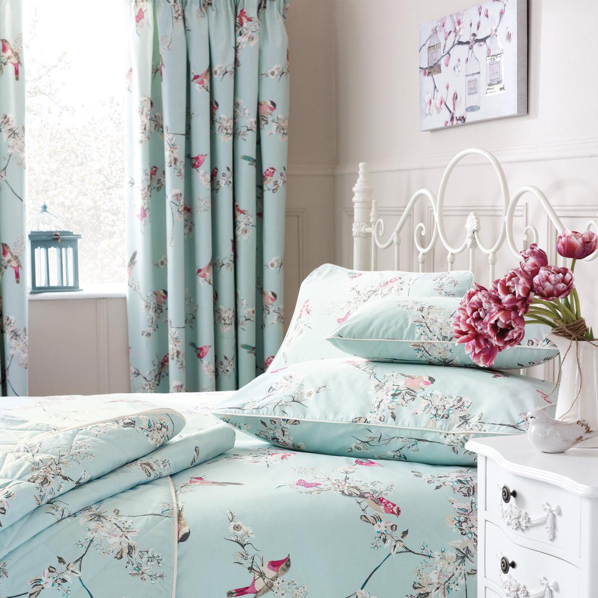 Beautiful Birds Duck-Egg Thermal Pencil Pleat Curtains Blue, Pink and White – image 2