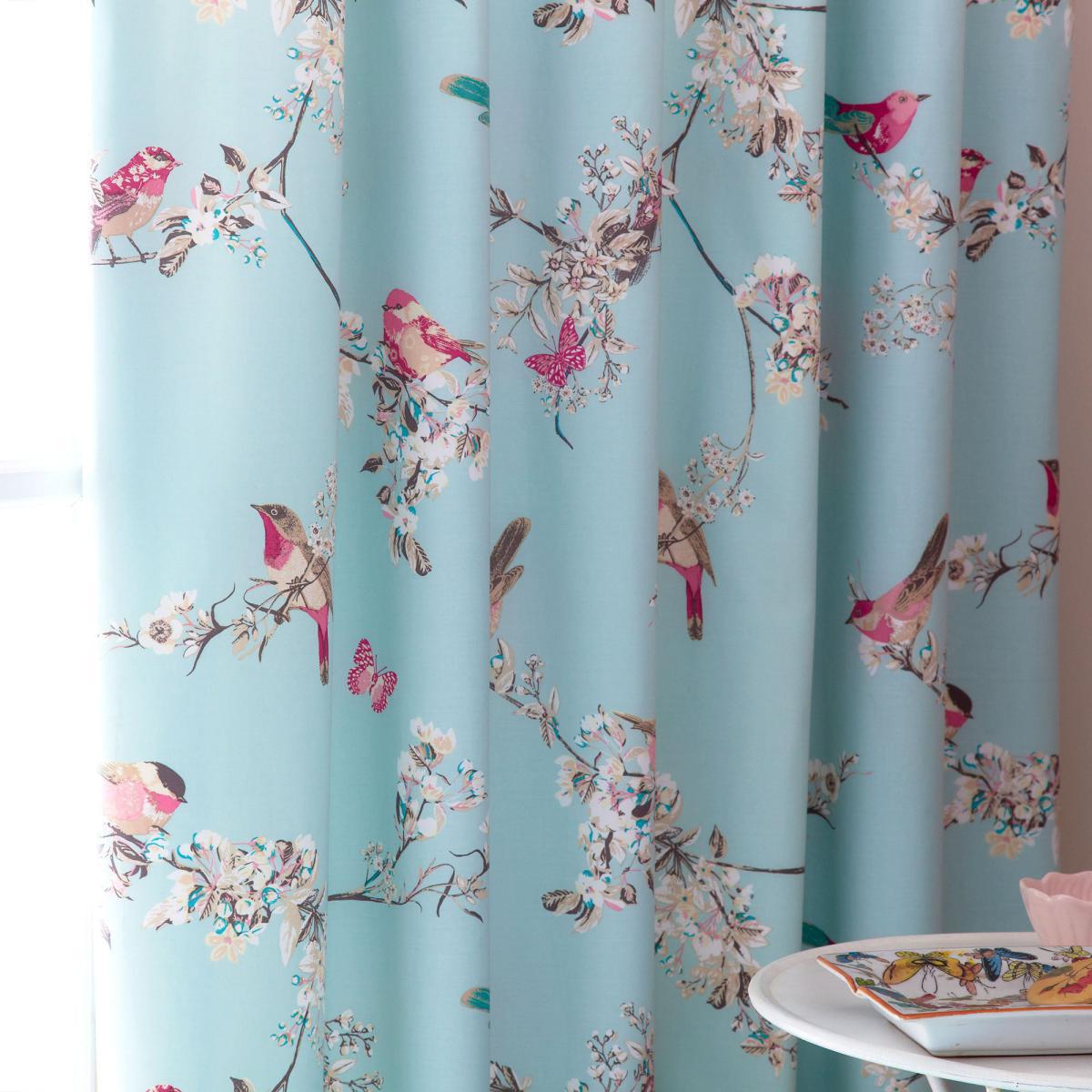 Beautiful Birds Duck-Egg Thermal Pencil Pleat Curtains Blue, Pink and White – image 3
