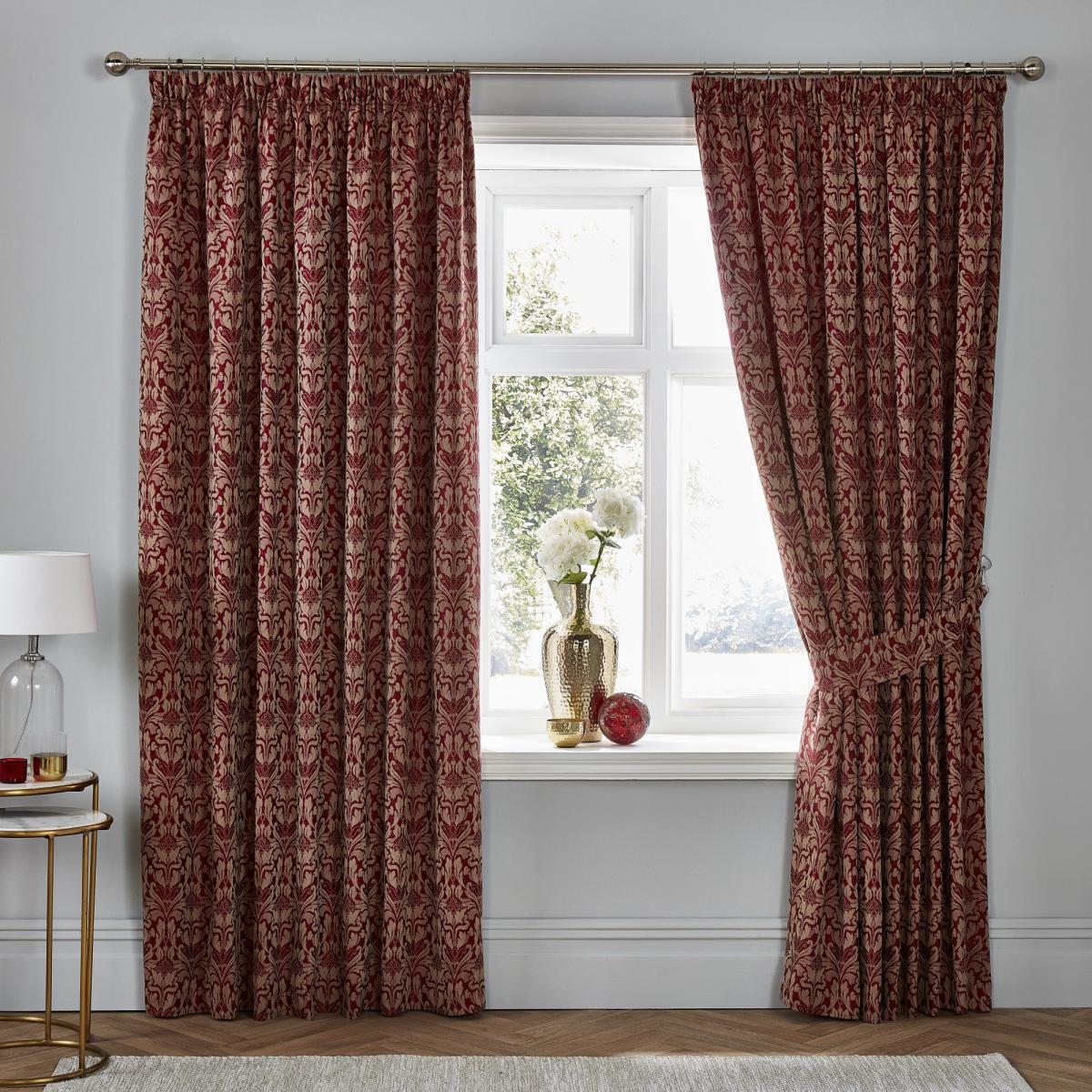 Woven Hawthorne Burgundy Pair of Pencil Pleat Curtains With TieBacks Burgundy – image 2