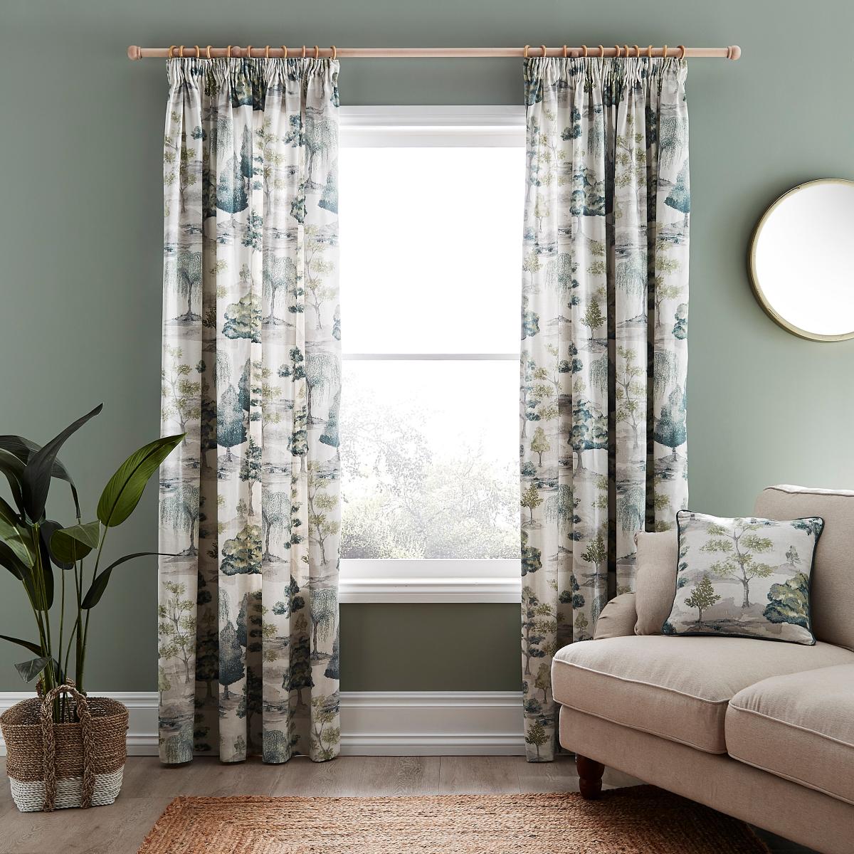 Watercolour Trees Teal Pencil Pleat Curtains Teal (Blue) – image 2