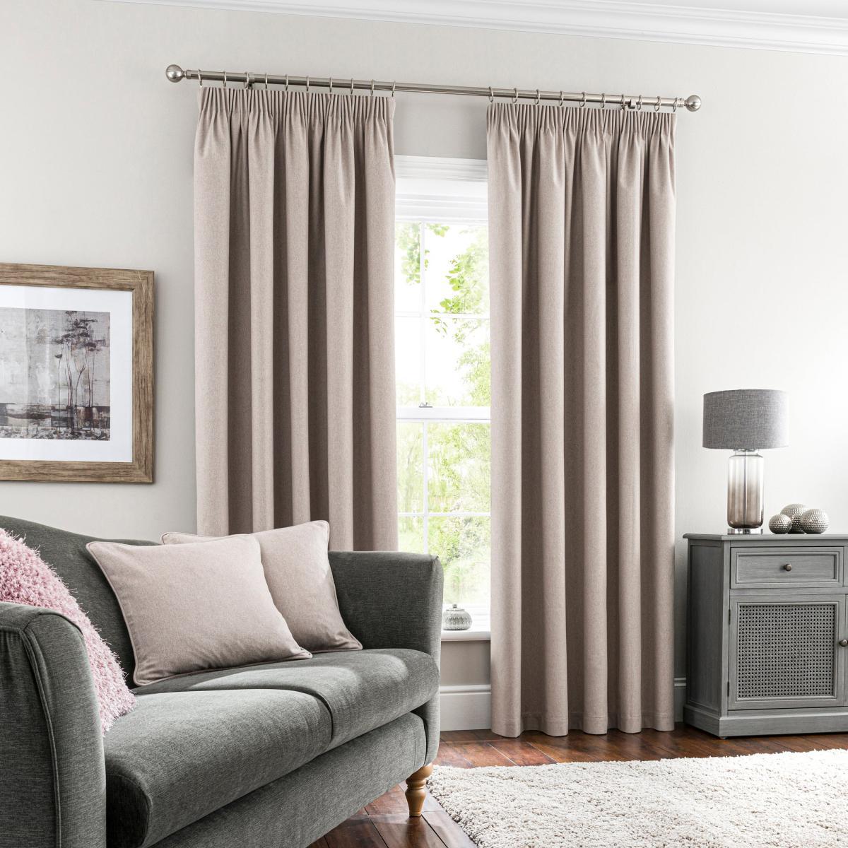 Luna Brushed Pebble Blackout Pencil Pleat Curtains Beige – image 2