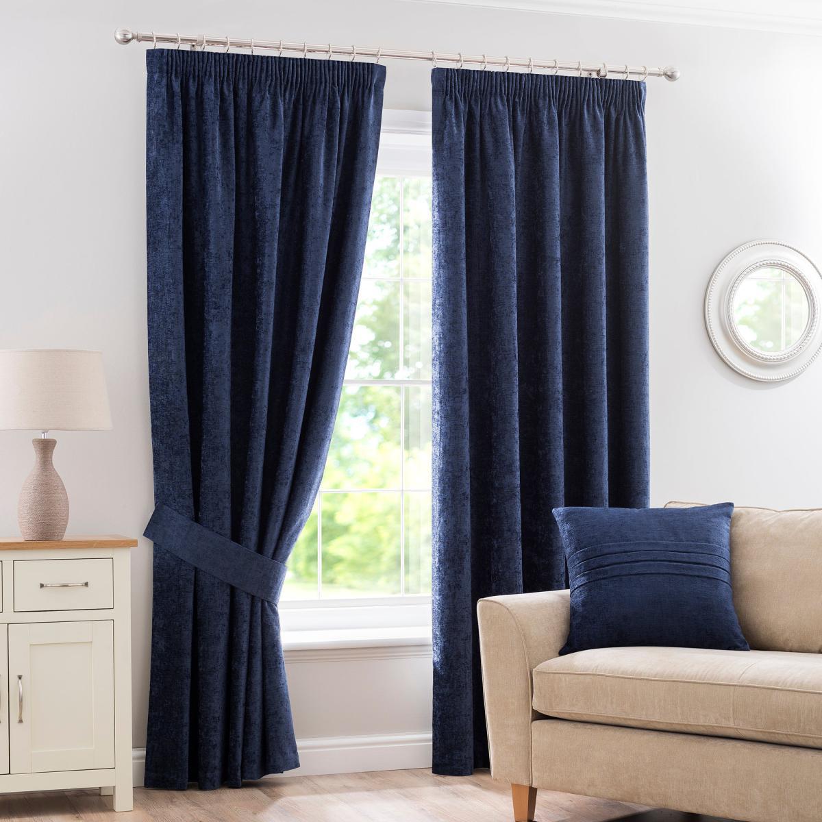 Chenille Navy Pencil Pleat Curtains Navy Blue – image 2